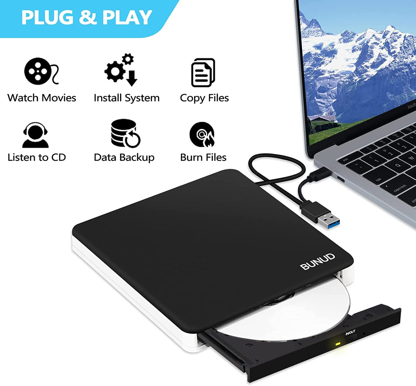 BUNUD External DVD Burner USB-C: Portable DVD External Drive for Apple Superdrive with 2 USB and TF/SD Slots - Plug & Play CD Drive External for Mac