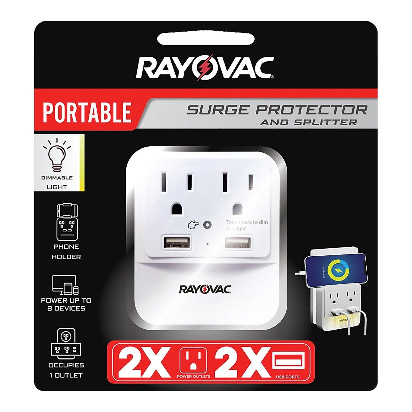 Rayovac Surge Protector with Night Light, 2 Outlet Power Strip with 2 USB-A Ports Adapter for Home, School, or Office, White