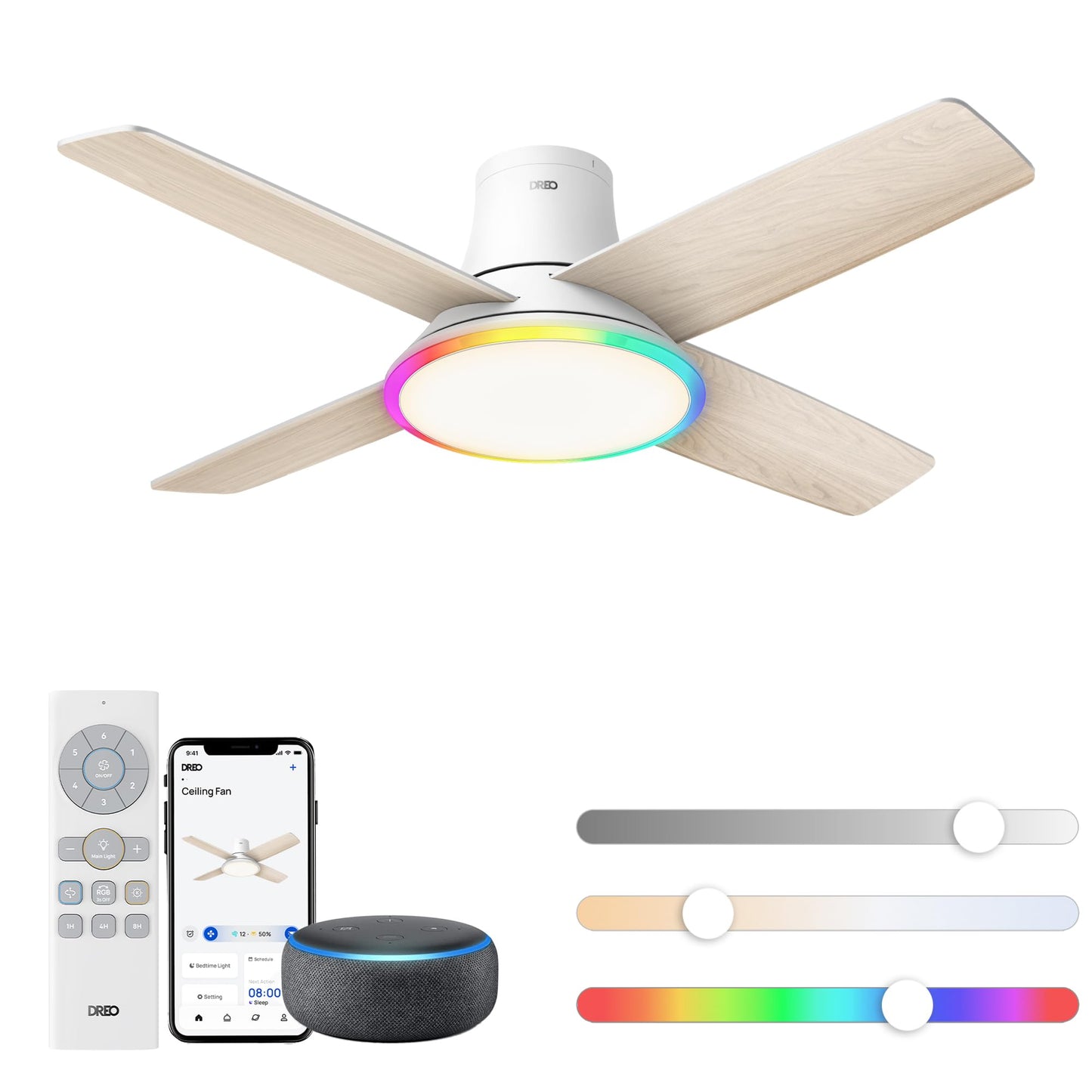 DREO Ceiling Fans with Lights 44'', RGBIC Flush Mount Smart Ceiling Fan