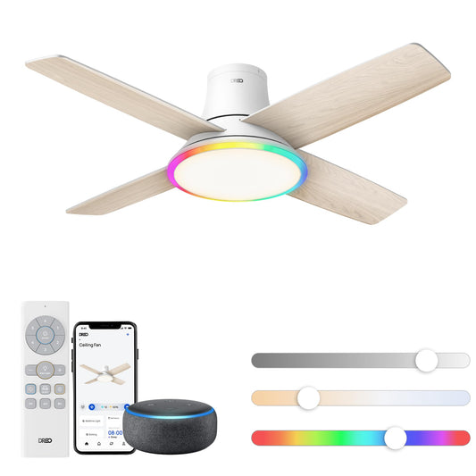 DREO Ceiling Fans with Lights 44'', RGBIC Flush Mount Smart Ceiling Fan
