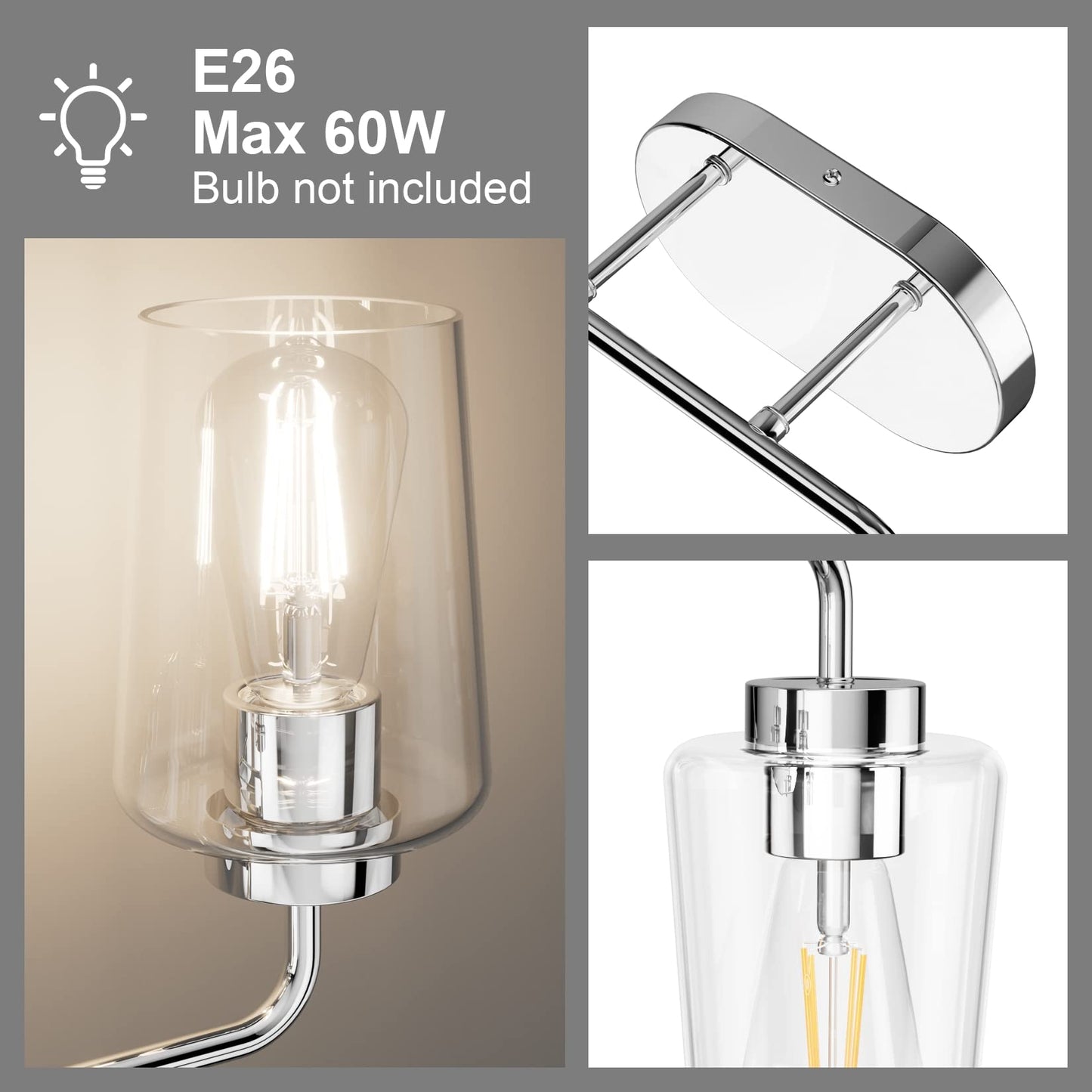 Tipace Chrome Vintage Bathroom Vanity Light,2 Lights Modern Stainless Steel with Clear Glass Bathroom Light Fixtures Industrial Wall Mount Lighting
