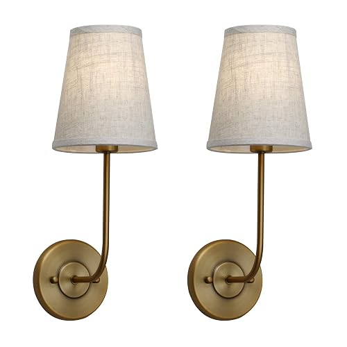 Pathson Set of 2 Vintage Wall Sconces Linen Fabric Shade, Hardwired Bathroom Vanity Lights Brass Finish, Industrial Wall Mounted Fixtures for Bedroom