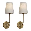 Pathson Set of 2 Vintage Wall Sconces Linen Fabric Shade, Hardwired Bathroom Vanity Lights Brass Finish, Industrial Wall Mounted Fixtures for Bedroom