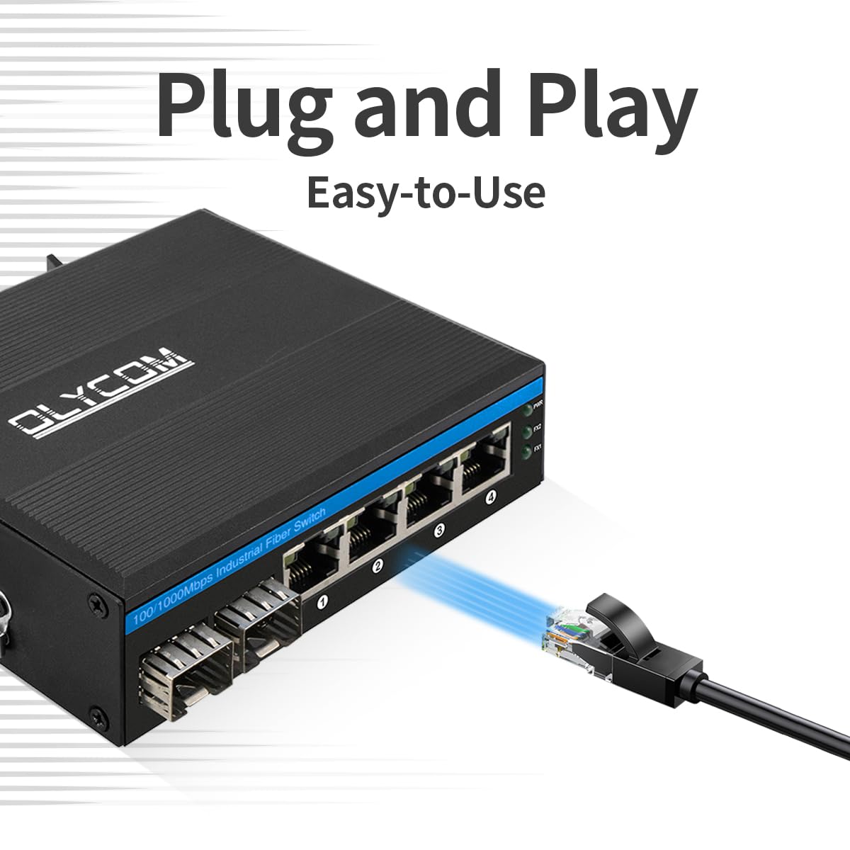 OLYCOM 6-Port Hardened Industrial Gigabit PoE+ DIN-Rail Fiber Network Switch 4 x Gigabit PoE+ Ports 2 x 1.25G SFP Fiber Ports 120W for Outdoor Use