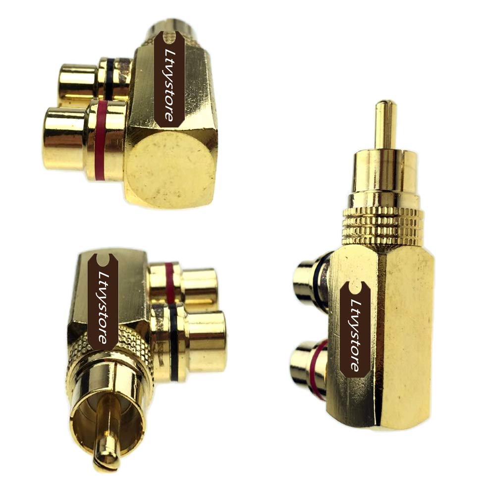 Ltvystore 2Pcs RCA Male to 2 Female Right Angle Plug Splitter Adapter Connector & 5 Pcs Audio Video Gold Male to 2 Female Coupler Adapter