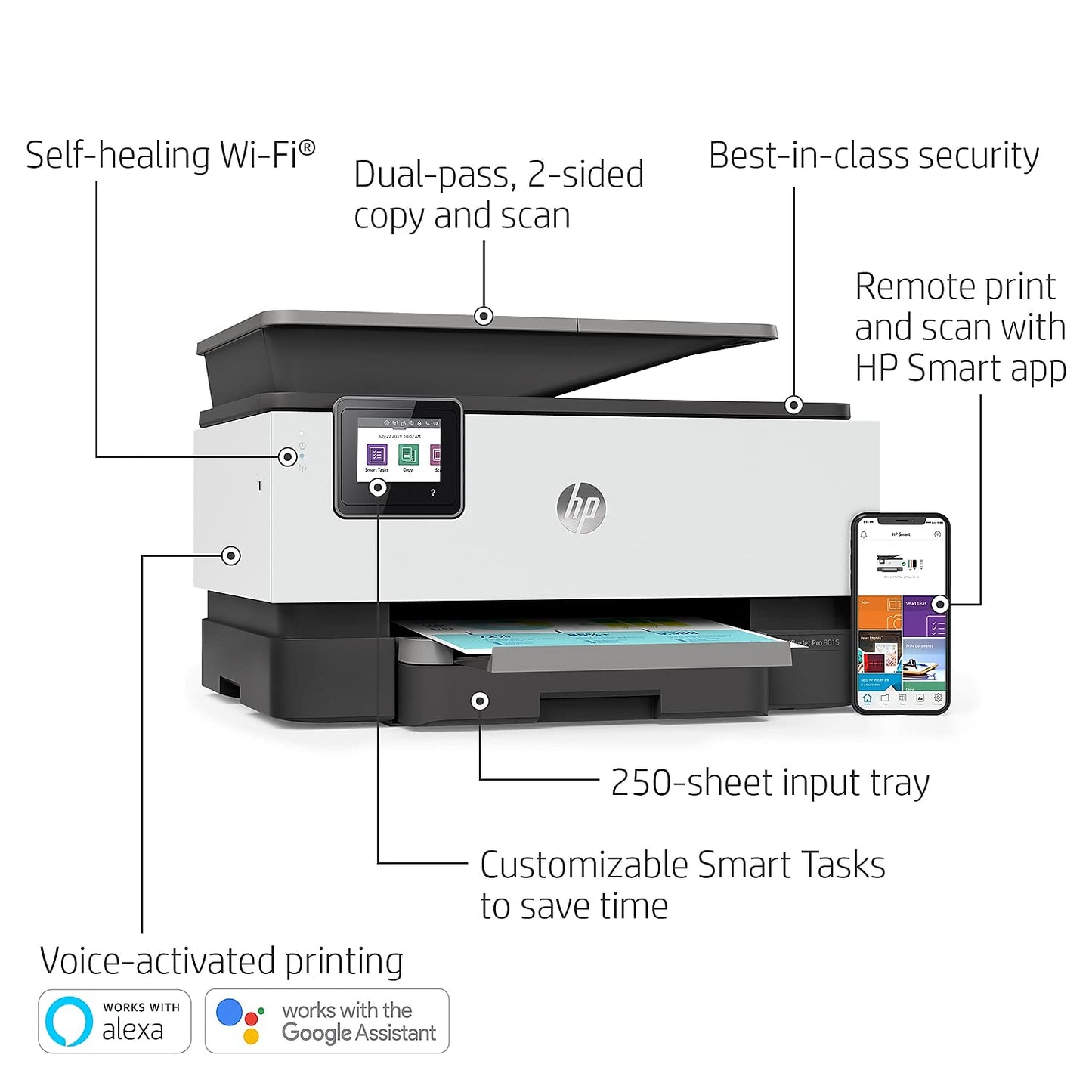 HP OfficeJet Pro 9015 All-in-One Wireless Printer, with Smart Home Office Productivity, Instant Ink, Works with Alexa (1KR42A)