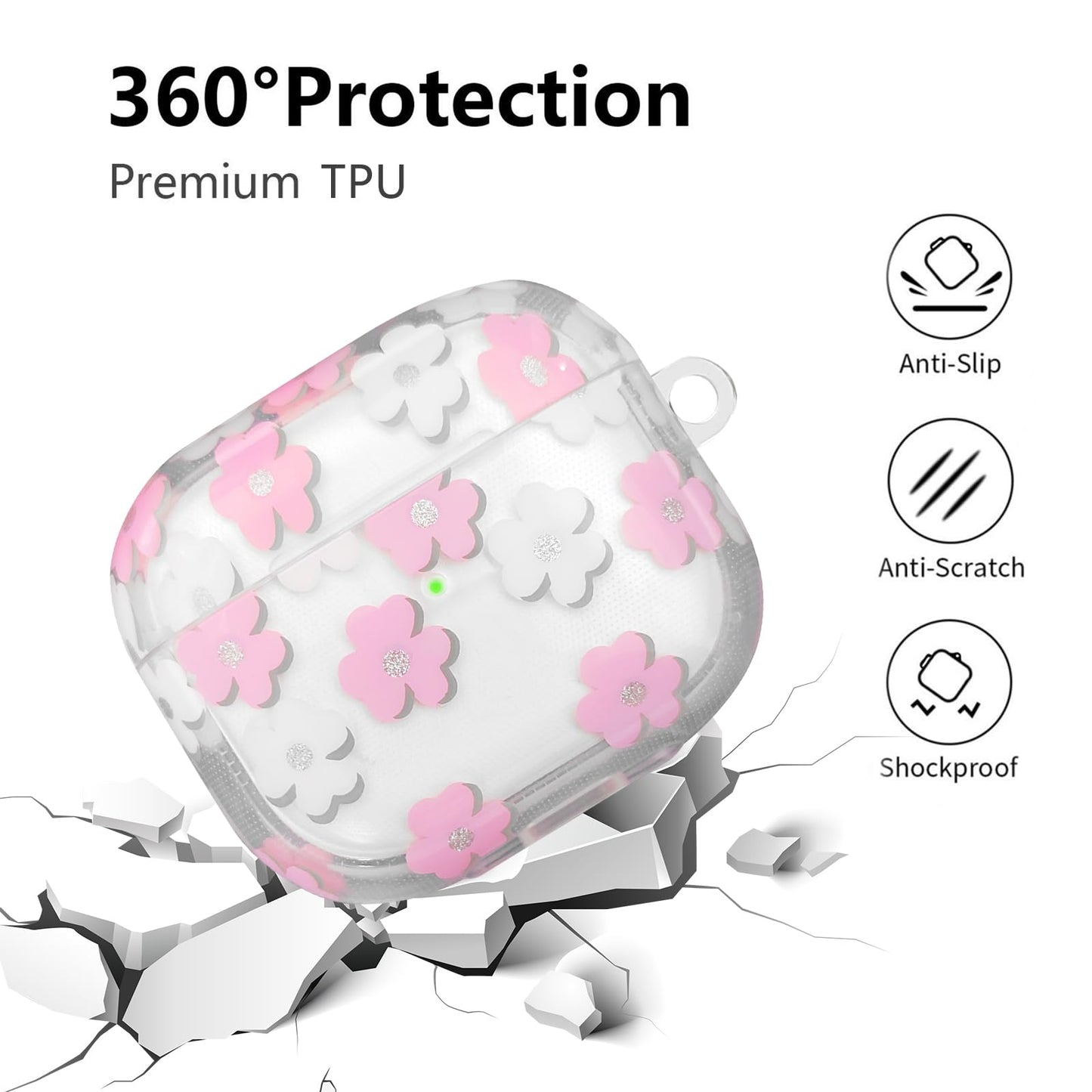 AIIEKZ Compatible with AirPods 3 Case Cover 2021, Soft TPU with Cute Flower Pattern for AirPods 3rd Generation Case with Flower Keychain and Carabiner