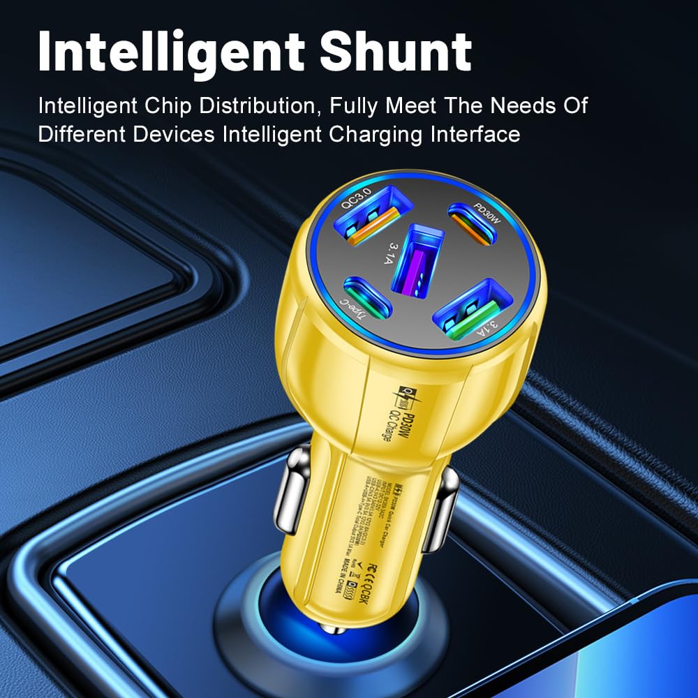 5-Port 75W USB C Car Charger, PD30W & QC3.0 Fast Charging Cigarette Lighter USB Charger Adapter for iPhone/Android/Samsung/iPad (Yellow)