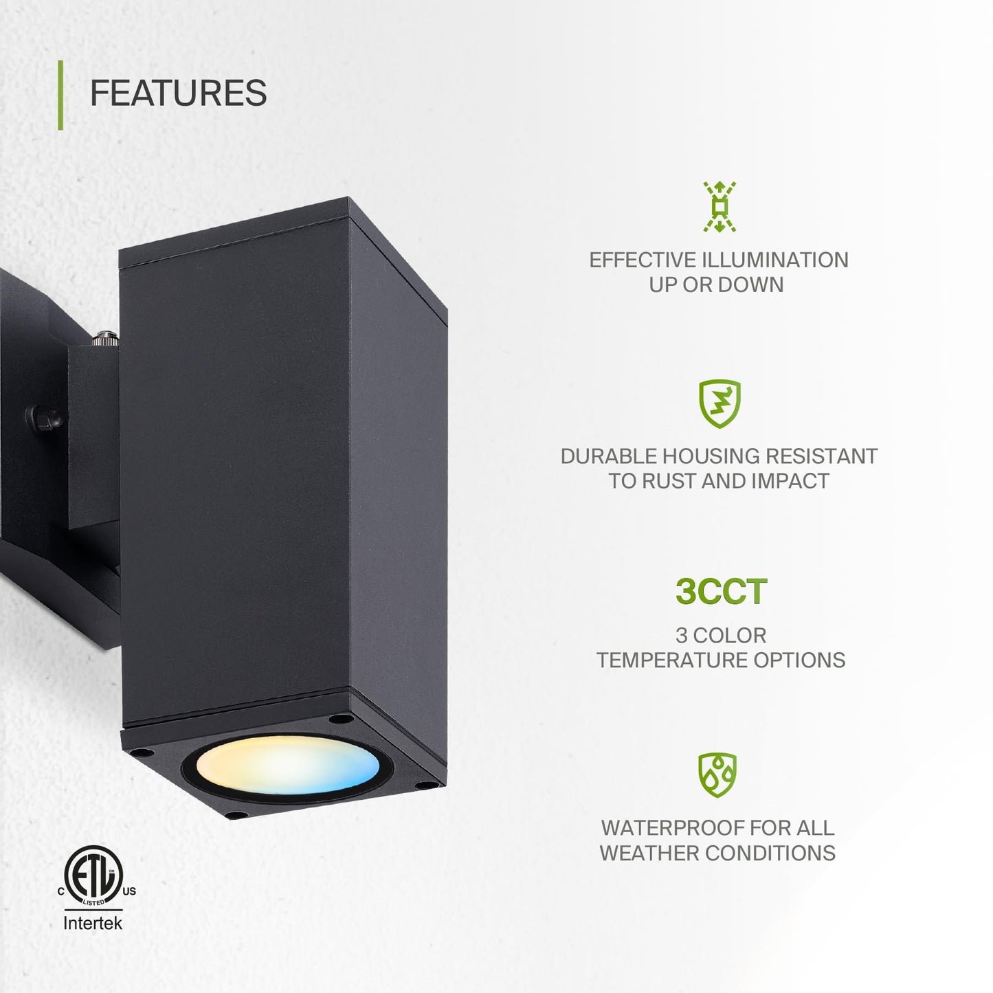 ASD 1 Light Square Dusk to Dawn LED Outdoor Wall Light Fixture | 9W 1000LM 3000K-5000K 120V Cylinder Up Down Lights | Exterior Wall Sconce | Front