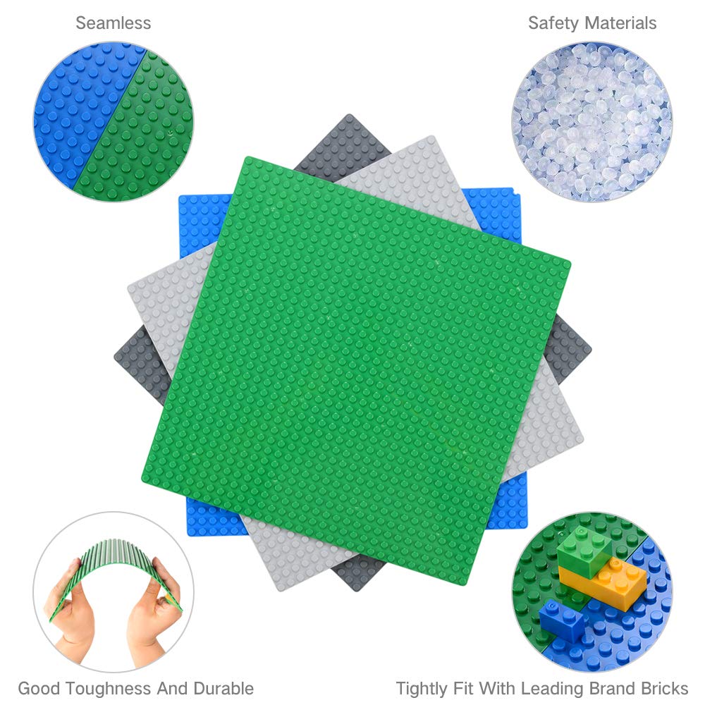 Peel-and-Stick Baseplates, Self Adhesive Building Brick Plates, Compatible with All Major Brands - 4 Pack (10" x 10") (Green)