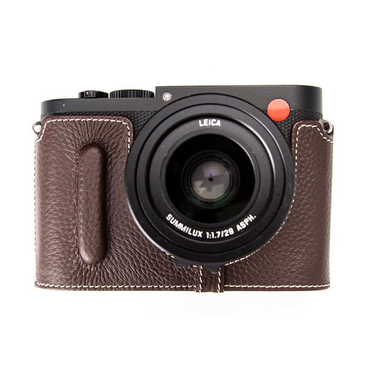 DBZZ Vintage Genuine Leather Camera Case?Half-Wrap Camera Protector For Leica Q (Mocha-white line)