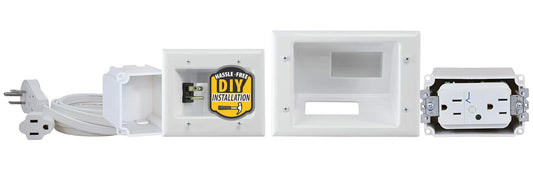 DATA COMM Electronics 45-0028-WH Recessed Low Voltage Plate Pass Through, Pro-Power Kit with Duplex Surge Suppressor & Straight Blade Inlet, Mount TV