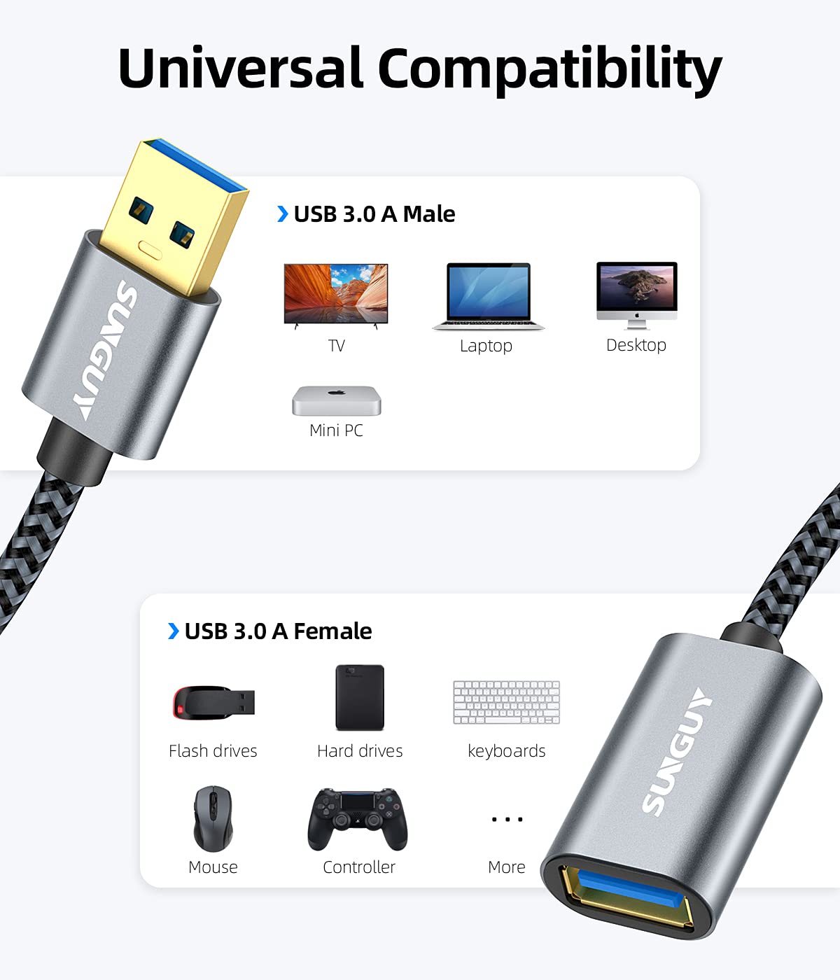 SUNGUY 5Gbps USB 3.0 Extension Cable, 1FT USB A Male to Female Extender Cord, Braided High Data Transfer Compatible with Xbox, Hard Drive, Webcam, USB