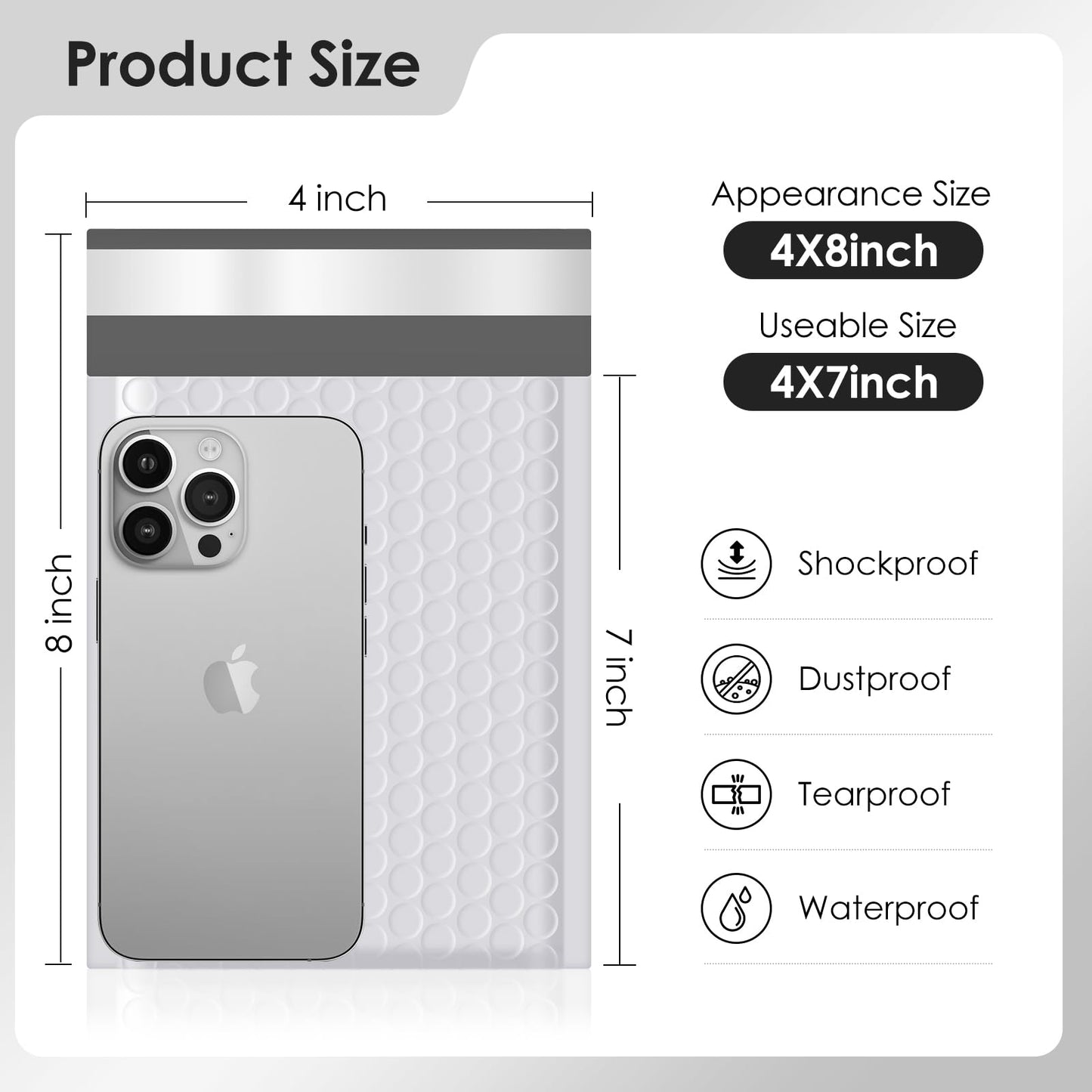 packbabol Bubble Mailers 4x8" 50 Pack Grey and White Padded Envelopes Mailers Waterproof Usable Size 4x7 Self-Seal Padded Mailing Envelopes Bubble