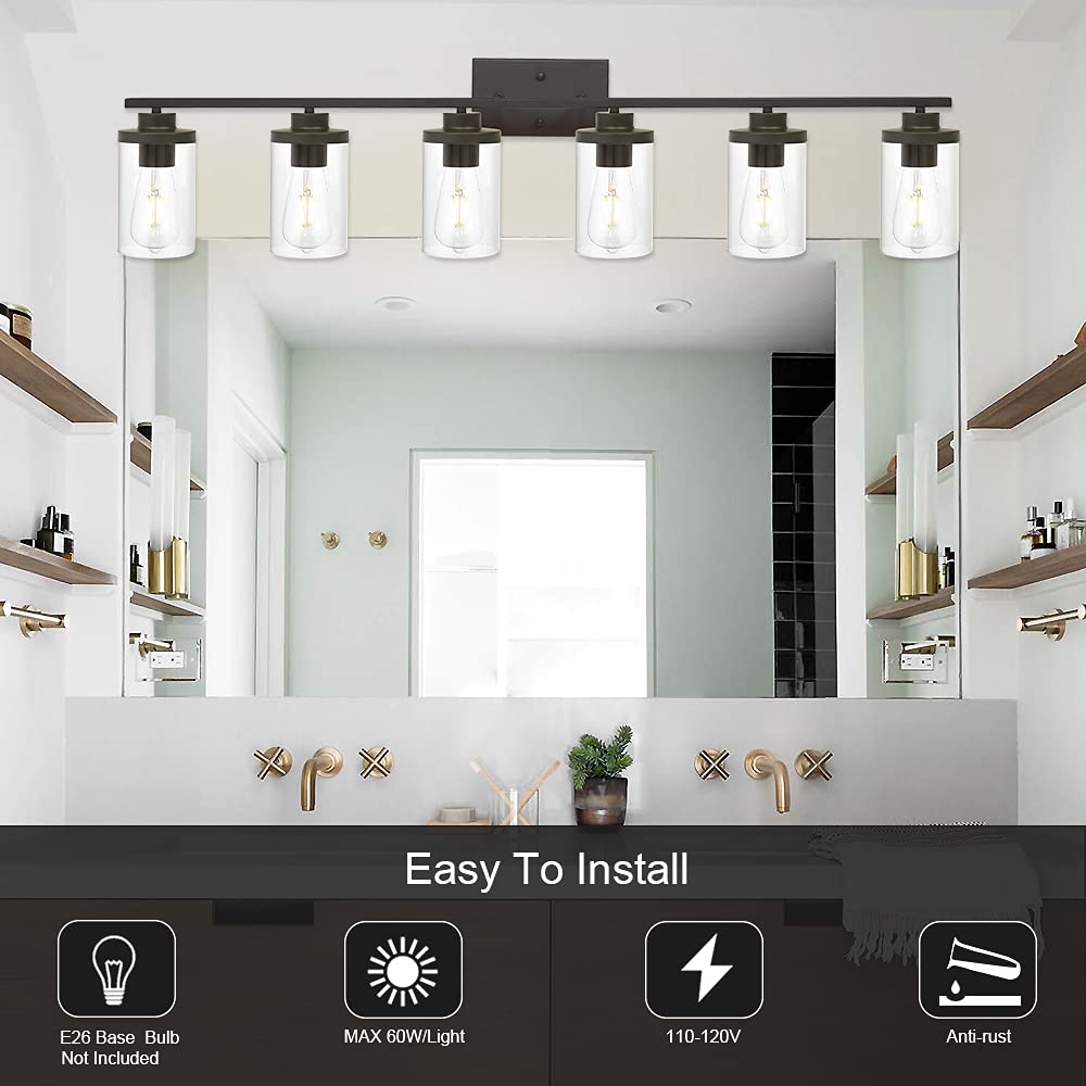 QueeuQ Oil Rubbed Bronze Bathroom Vanity Lights 6 Light, Bronze Vanity Lighting Fixtures with Glass Shade,Industrial Bathroom Light Fixtures Wall