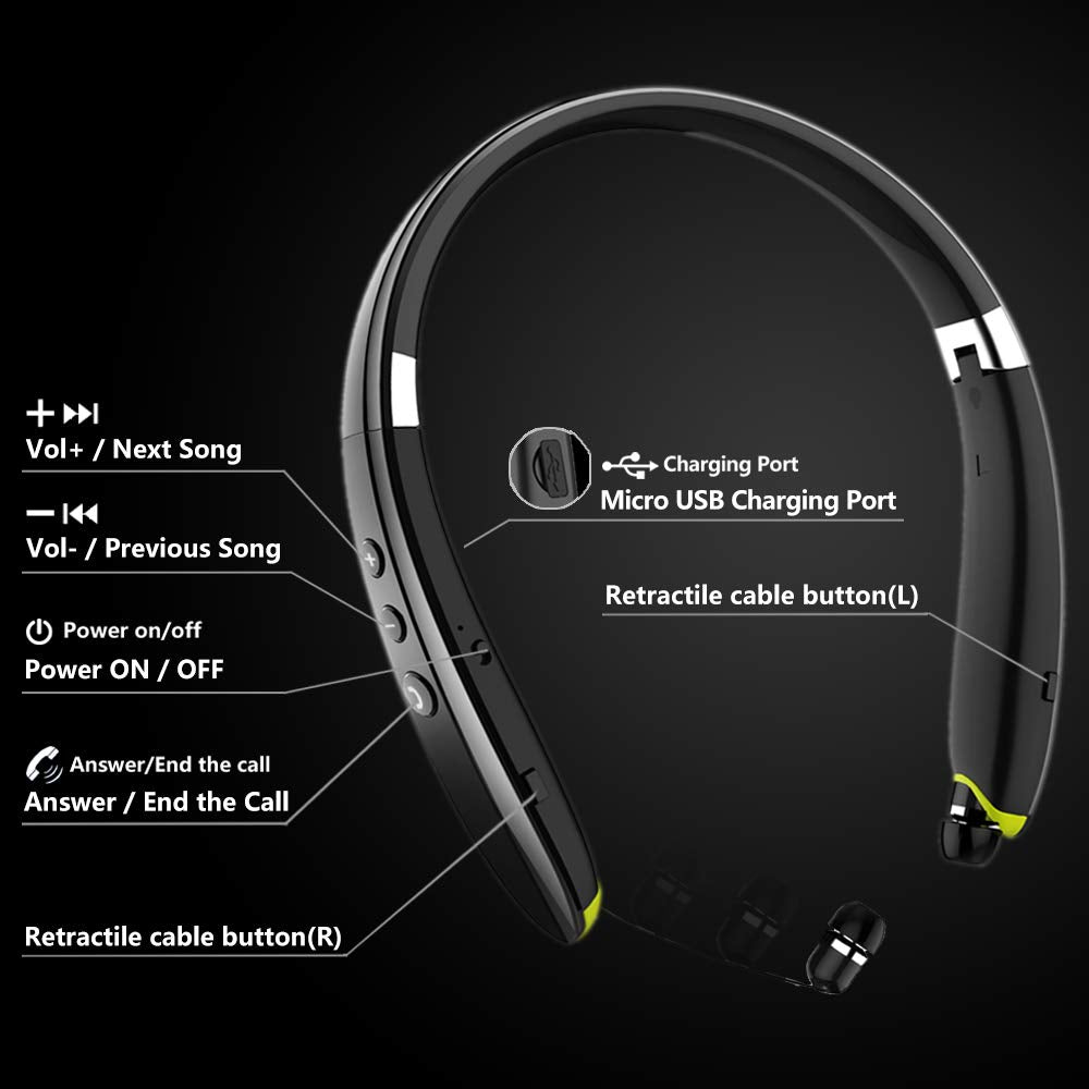 BEARTWO Bluetooth Headphones, Upgraded Foldable Wireless Neckband Headset with Retractable Earbuds, Noise Cancelling Stereo Earphones with Mic