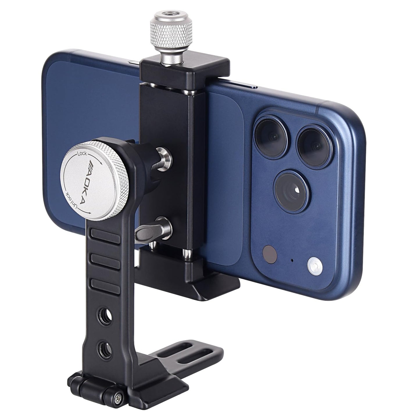 AOKA Metal Phone Tripod Mount, Arca Compatible Base with Cold Shoe, 360° Swivel and 180° Tilt Adjustment, Includes Multiple 1/4 Bolt Expansion Ports