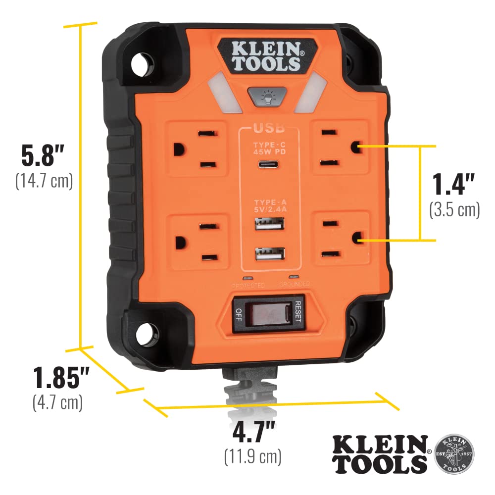 Klein Tools 29601 Magnetic Power Strip with Surge Protector, Extension Cord, 4 Outlets, 3 USB Ports, 5-Foot Cord, Power Supply Box with Light