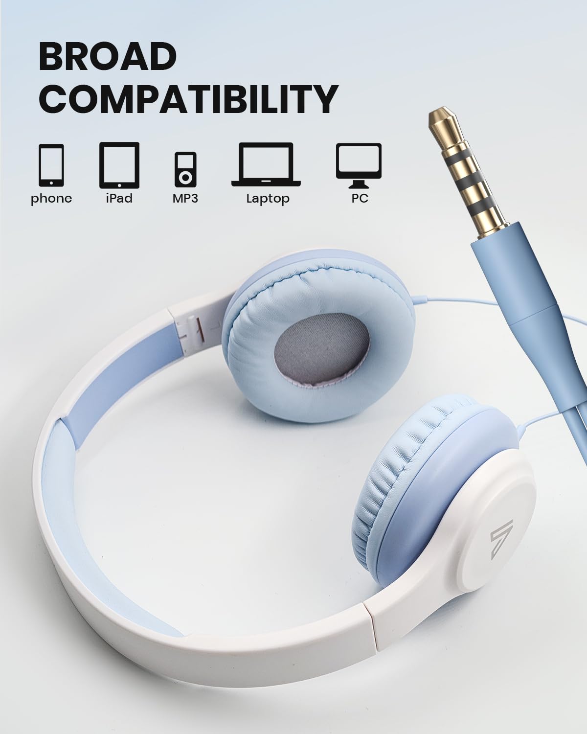 VOXii GE01 On-Ear Headphones w/Mic, Portable Lightweight Folding Stereo Bass Headphones for Smartphone, Tablet, Computer - Kids School (Blue)