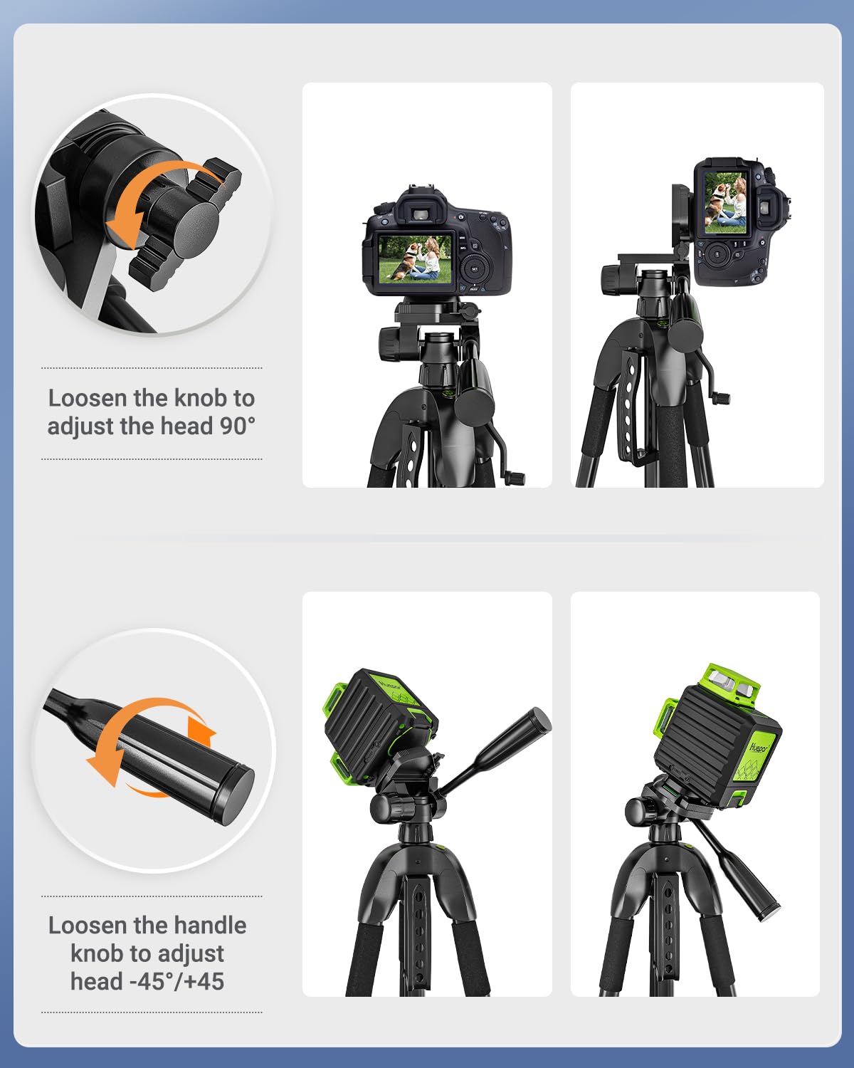 Laser Level Tripod, Huepar 56” Extendable Height Tripod for Line Lasers, Point Lasers, Laser Distance Measures, 1/4" and 5/8" Thread Mount