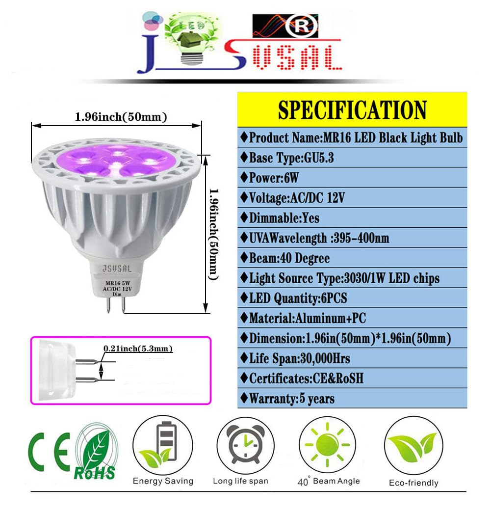 JSVSAL LED Black Light Bulb,MR16 GU5.3 Base,6W12V,Dimmable,2-Pack