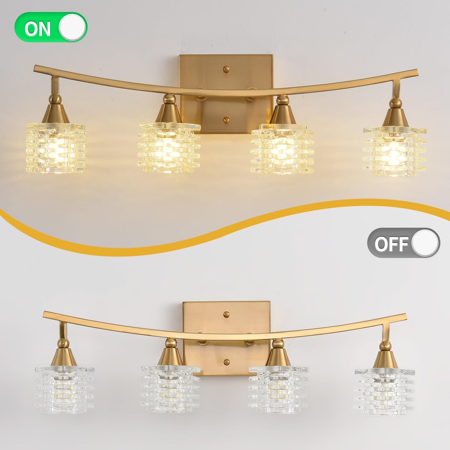 21 Inch Brass Bathroom Light Fixtures, Small Gold 4-Light Modern Vanity Light Over Mirrors, Wall Mount Sconces with Cube Ribbed Glass Shades, G9