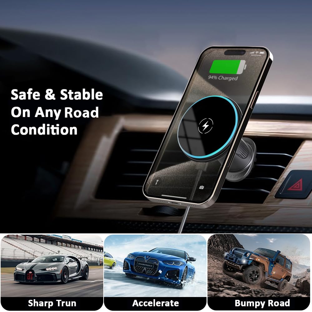 MagSafe Car Mount Charger - 15W Magnetic Wireless Car Charger Vent Dashboard, 360° Rotation Magnetic Phone Holder for Car Charging HandsFree