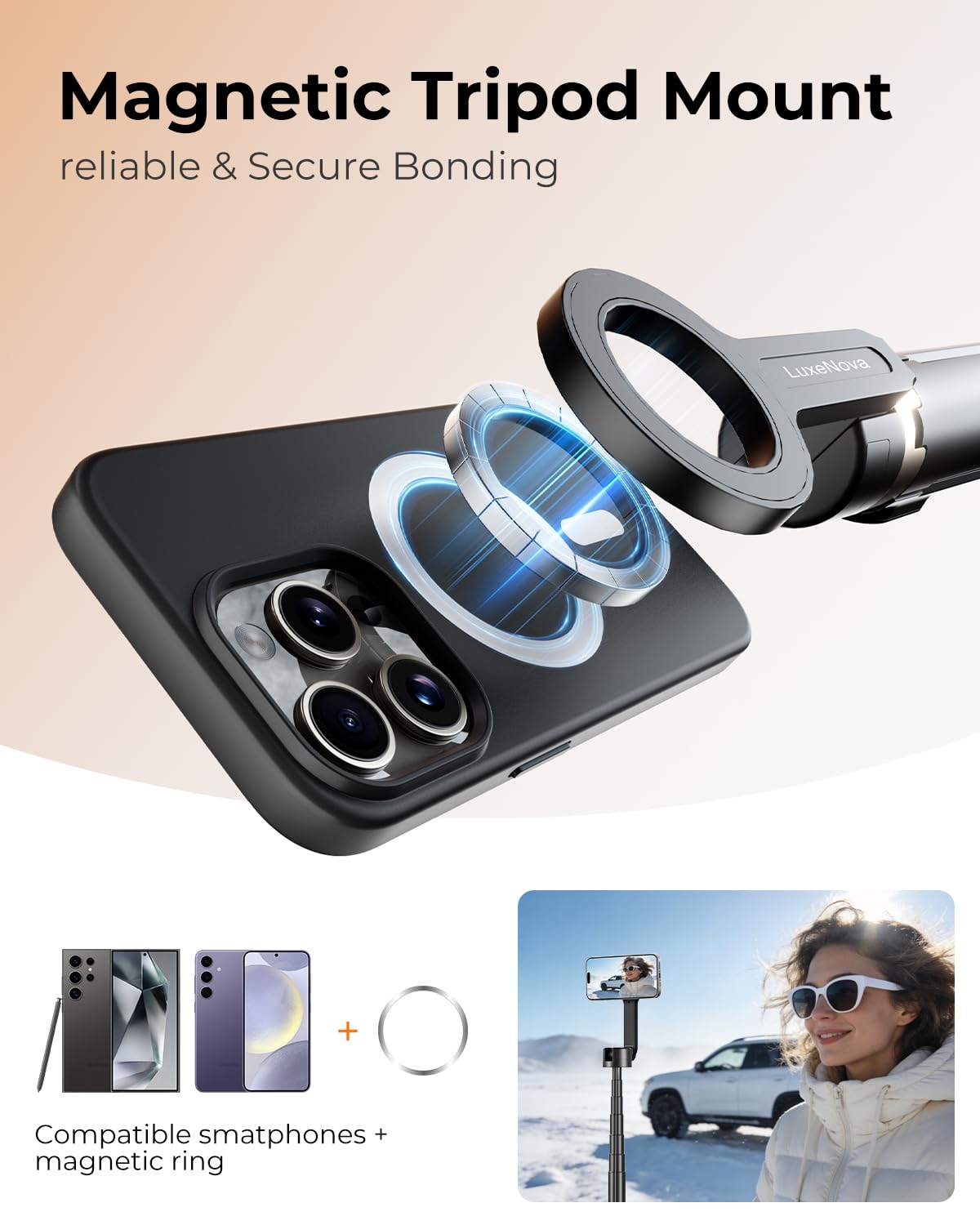 Magnetic Selfie Stick Tripod 72 Inch for iPhone MagSafe, Extendable Phone Tripod Stand with Bluetooth Remote, 360° Rotation Aluminum Selfie Stick