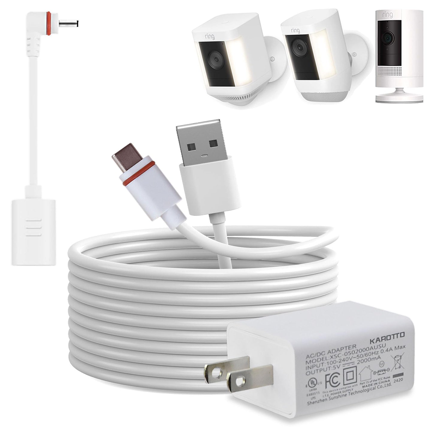 KAROTTO 10Ft USB-C Power Cord with Adapter Compatible with Ring Pan-Tilt Mount/Stick Up Cam Battery Pro/3rd Gen/2nd Gen/Plug-in, Spotlight Cam Battery