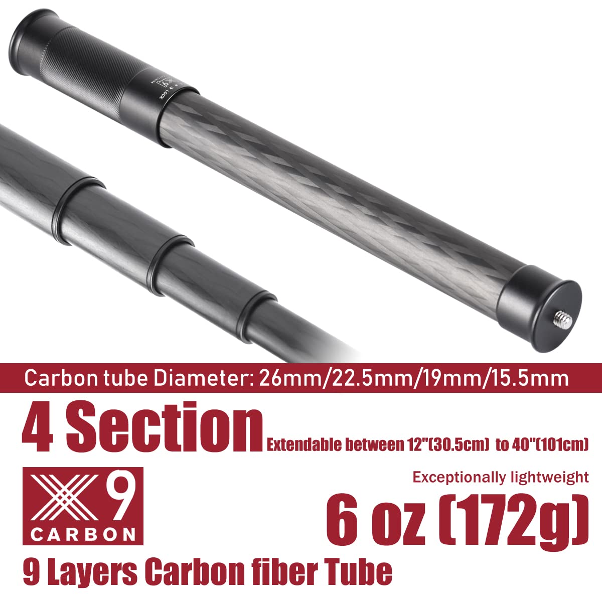 SHINEWEE Carbon Fiber Extension Pole - 4-Section Fast Twisting Lock Design | 1/4" Screw Mount for Camera, Phone, Gimbal & Stabilizer | Lightweight