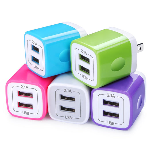 USB Wall Charger Adapter, FiveBox 5Pack 2.1Amp Fast Dual Port Wall USB Plug Charging Block Charger Brick Cube Box for iPhone 17 Air 16e 16 Pro Max 15
