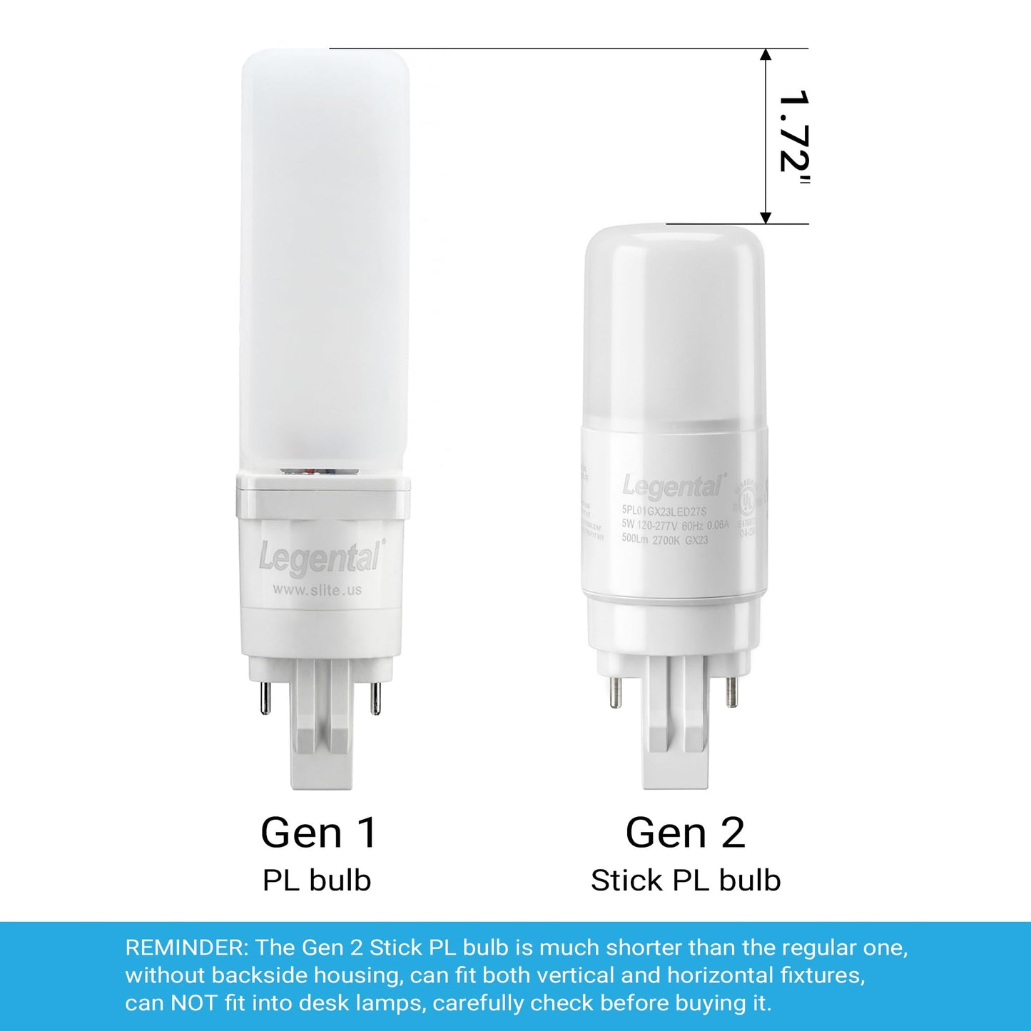 Silverlite [Plug&Play] Legental 5w(13w CFL Equivalent) LED Stick PL Bulb GX23-2 Pin Base, 500LM, Soft White(2700k), Driven by 120-277V and CFL