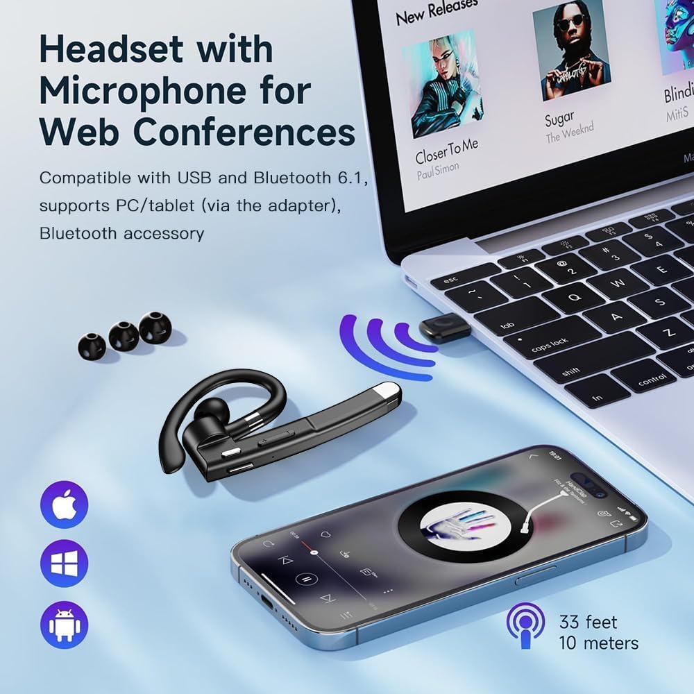 Hsility Bluetooth Headset with USB Type C 270 Degrees Rotatable Microphone for Truck Driver Bussiness and Travel