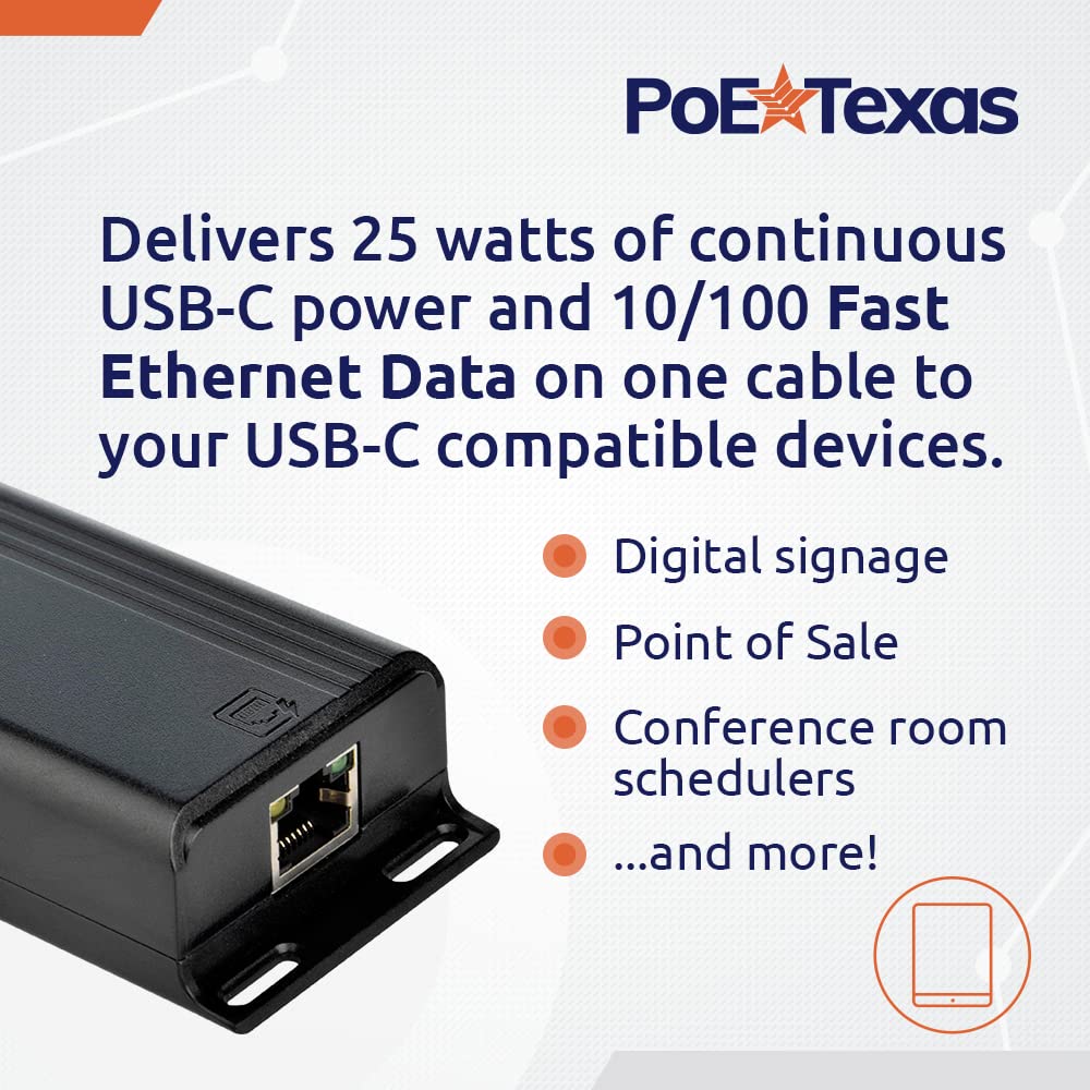 PoE Texas PoE+ to USB-C Splitter - 25W Power & Data Converter for iPad Pro, Air, Mini, Surface Go, Google Pixel, Samsung, Lenovo - Fast Ethernet
