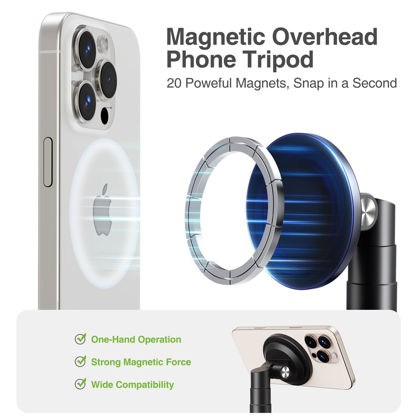 elitehood Magnetic Overhead Tripod for iPhone with 25in Long Extendable Arm