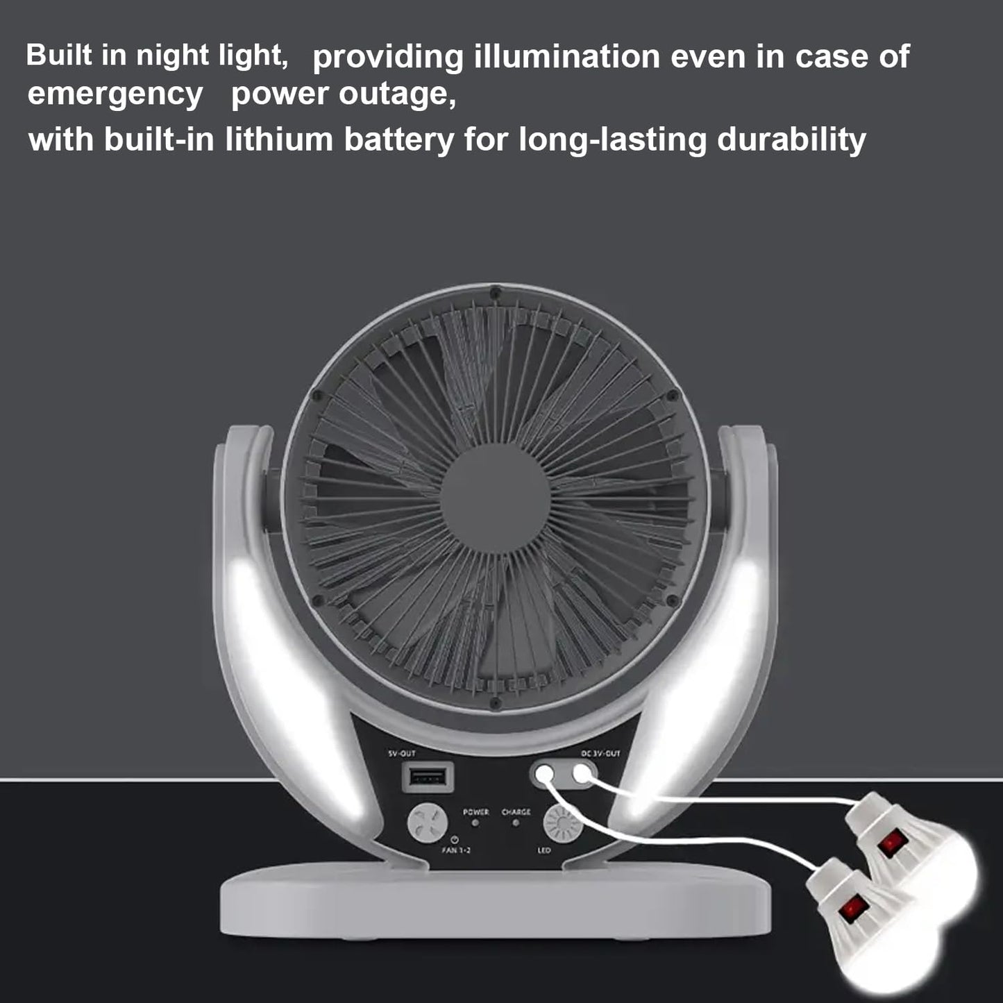 Camping Fan with Solar Panel, Rechargeable Battery Powered Tent Fan with LED Light & Bulbs, Portable Desk Fan for Outdoor Camping, Fishing, Hurricane
