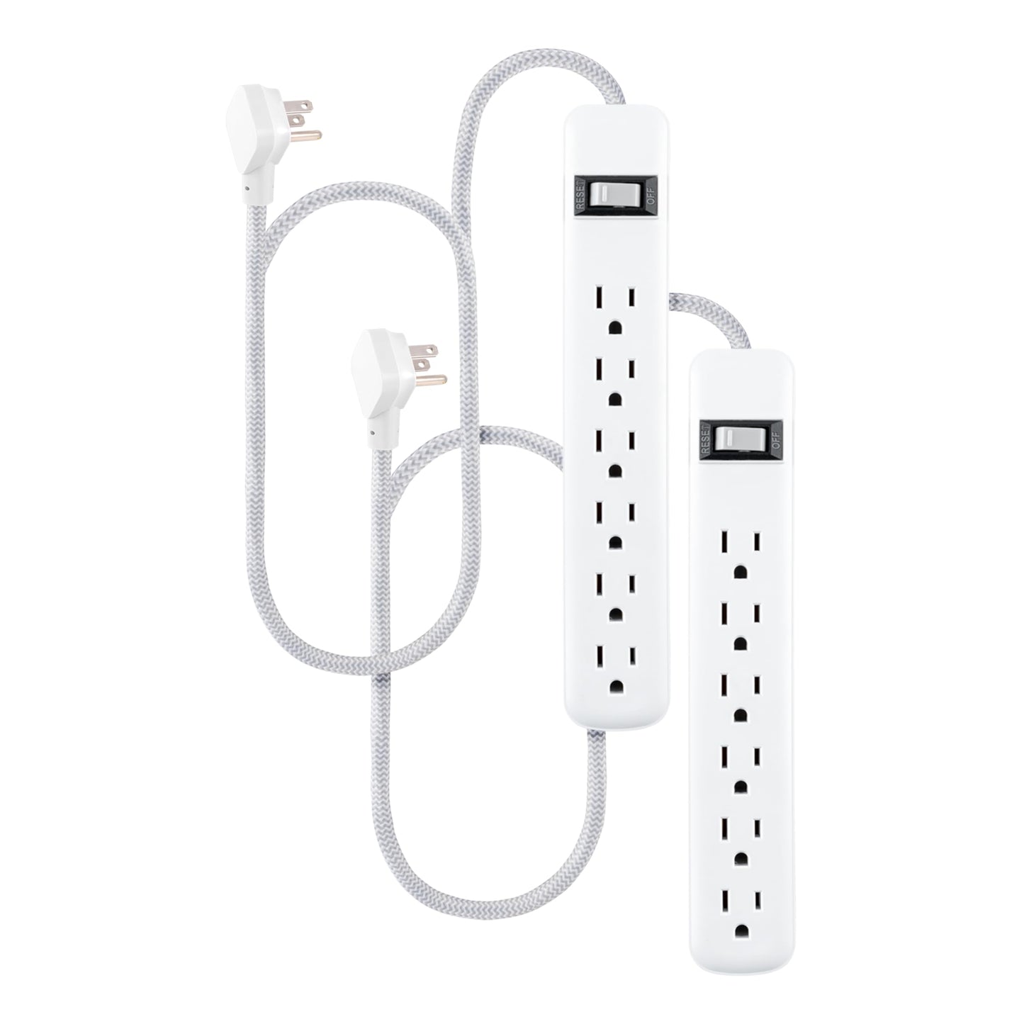 GE 6-Outlet Surge Protector Power Strip 2-Pack, 2ft Braided Extension Cord, 245J Protection, Flat Plug, Wall Mount, Circuit Breaker, ETL Certified