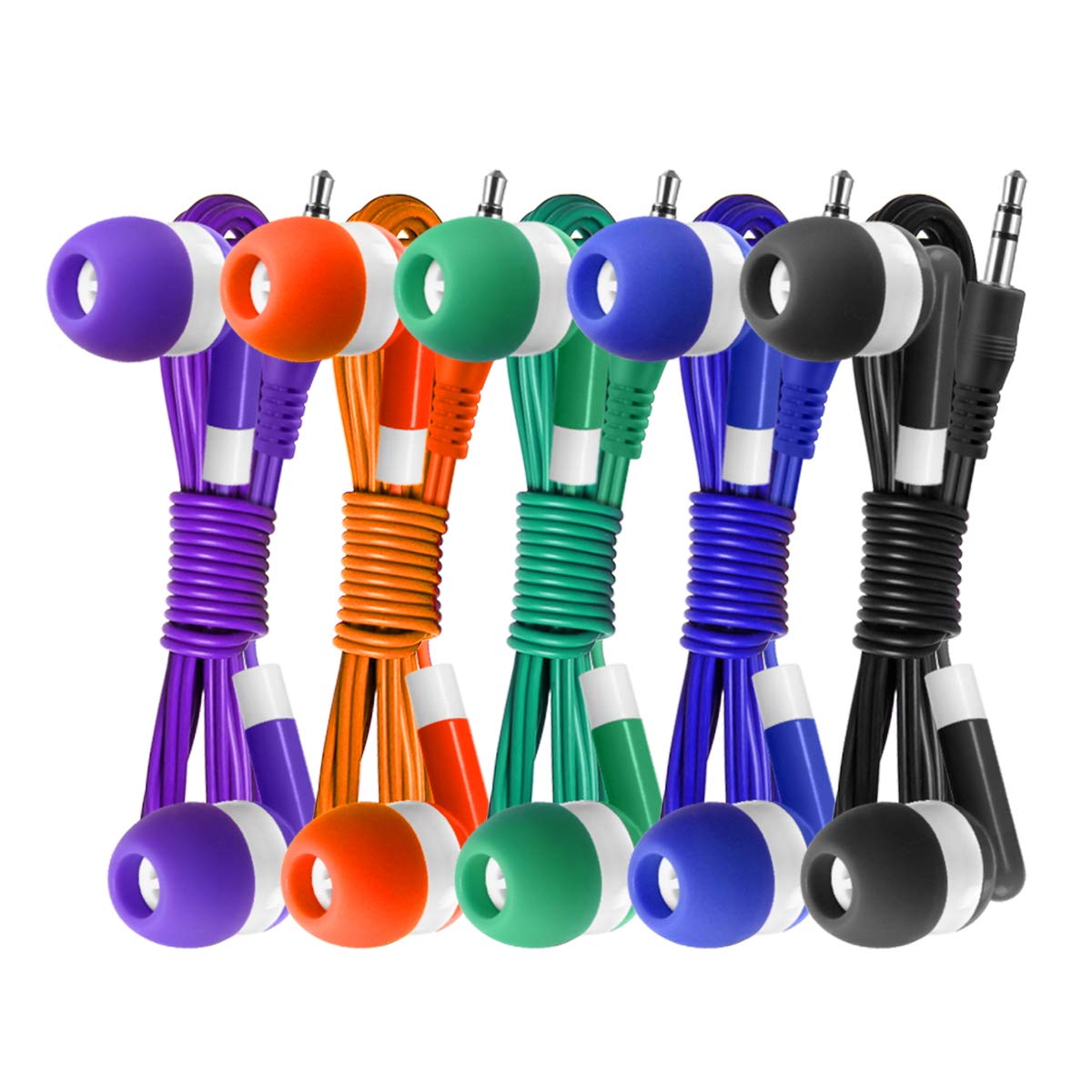 Keewonda 30 Pack Multi Color Earbuds for Kids, In-Ear, Wired, 5 Colors (Black, Blue, Orange, Green, Purple), Compatible