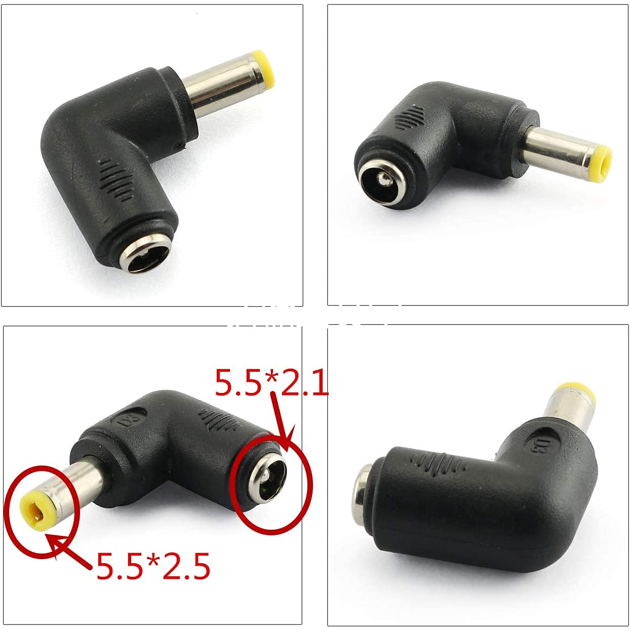 Longdex 4pcs 90 Degree 5.52.1 Mm Male Jack to 5.52.5MM Female Plug Right Angle L Shaped DC Power Connector Adapter for Laptop