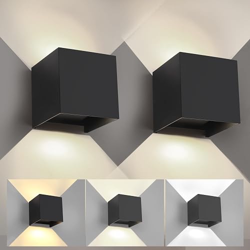 YCZM 2 Pack 3-Color Adjustable Modern Outdoor Wall Lights, 15W Square LED Exterior Wall Sconce, Up and Down Lighting Fixtures, IP65 Waterproof