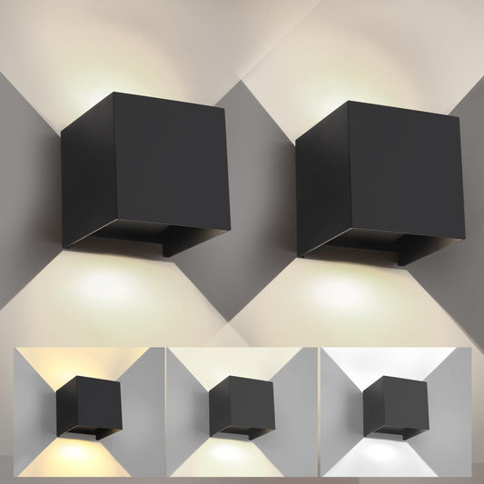 YCZM 2 Pack 3-Color Adjustable Modern Outdoor Wall Lights, 15W Square LED Exterior Wall Sconce, Up and Down Lighting Fixtures, IP65 Waterproof