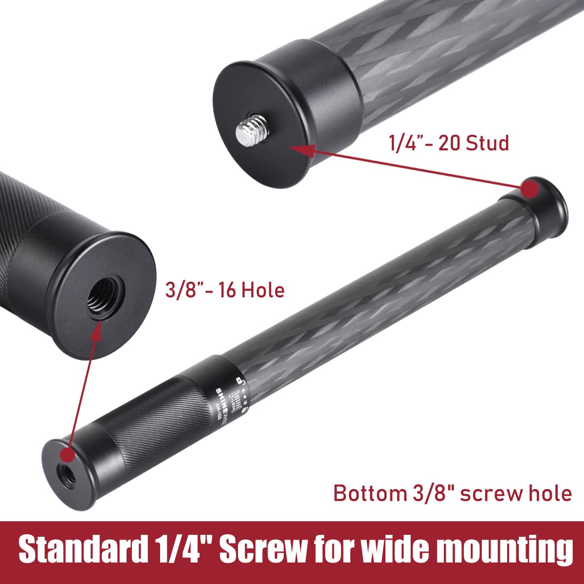 SHINEWEE Carbon Fiber Extension Pole - 4-Section Fast Twisting Lock Design | 1/4" Screw Mount for Camera, Phone, Gimbal & Stabilizer | Lightweight