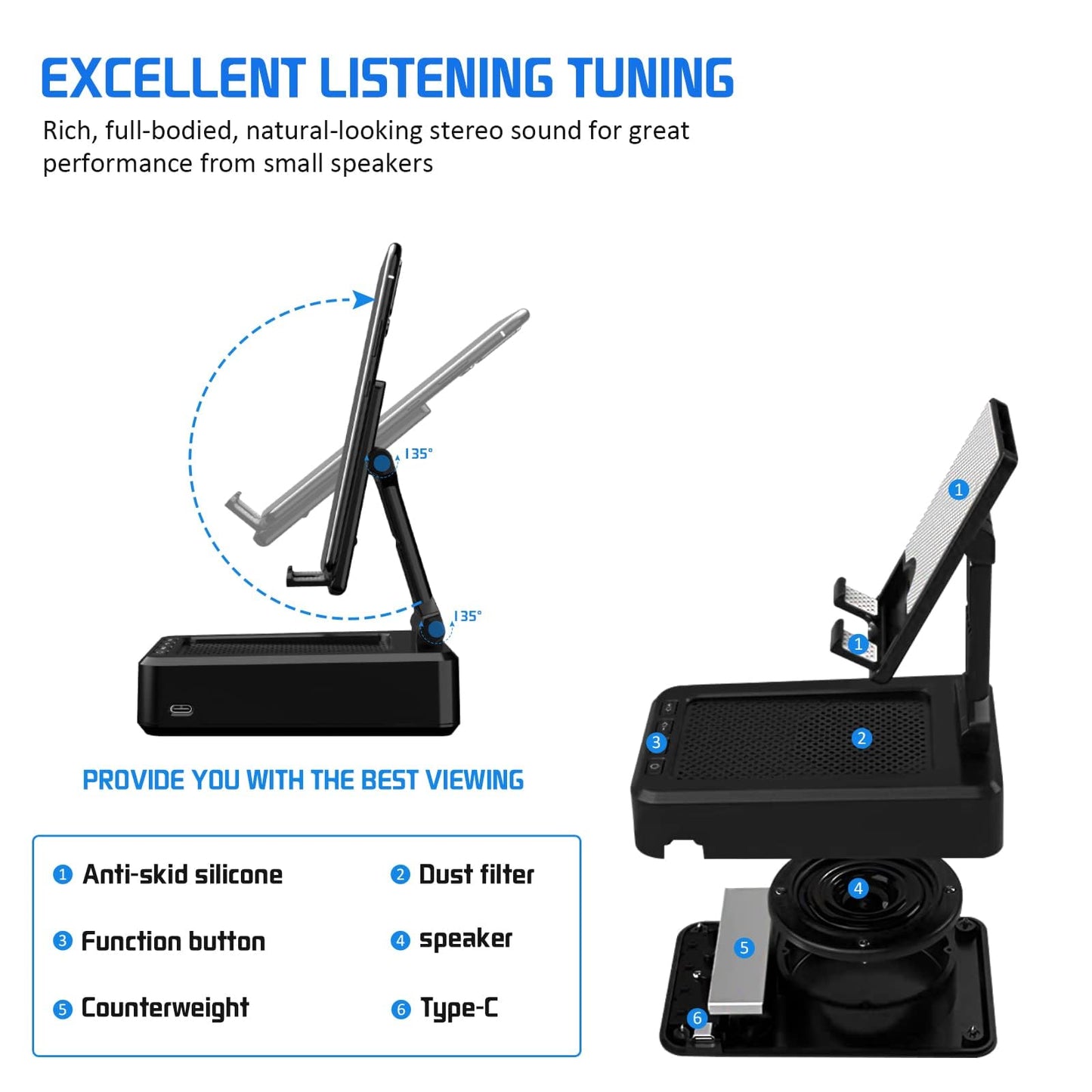 Cell Phone Stand with Wireless Bluetooth Speaker Compatible for iPhone/Samsung/iPad Tablet, Anti-Slip Design Phone Stand with HD Surround Sound