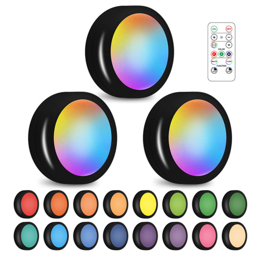 SIXDEFLY Wireless 16 Color Changing LED Puck Light 3 Pack LED Under Cabinet Lighting Closet Light Battery Powered Night Lights with Remote Control