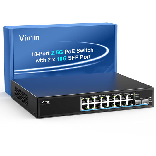 16 Port 2.5G PoE Switch Unmanaged with 2X 10Gbps SFP, VIMIN 16x 2.5G Base-T PoE Ports, 10G SFP PoE Switch w/ 120Gbps Ethernet Switching Capacity
