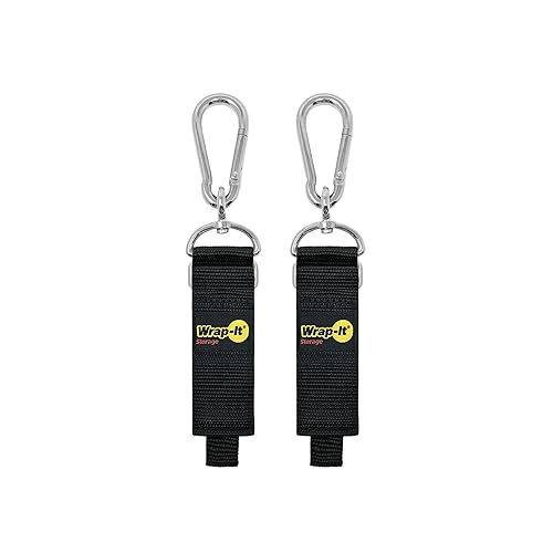 Hook 'n Hang Wrap-It Storage Straps - 12" (2-Pack) Black - Carabiner Straps for Cord Storage or Garden Hose Holder