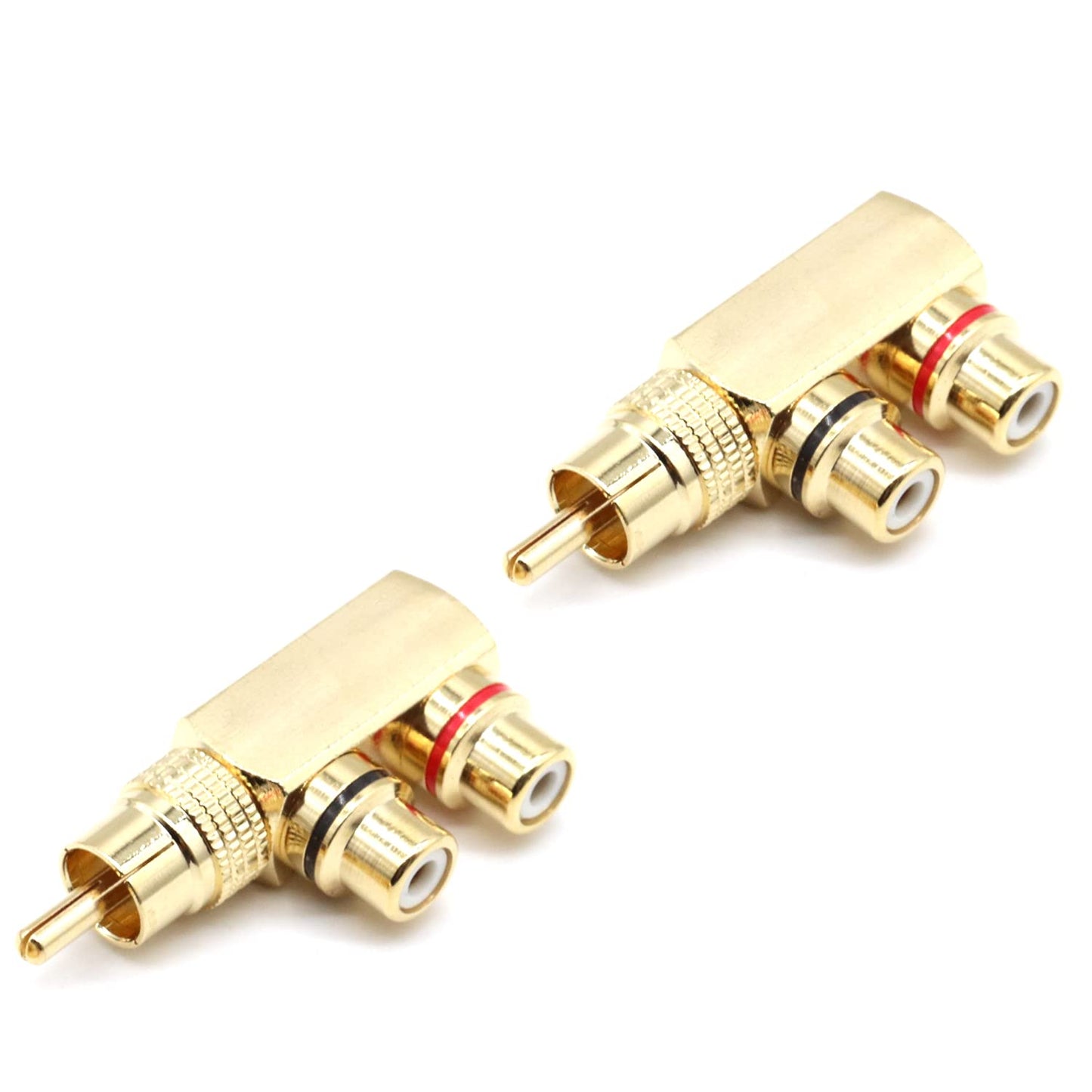 LOCHSOEL RCA Splitter Adapter,Right Angle RCA Male to 2 Female AV Splitter Adapter Gold Plated Connector(2Pack)