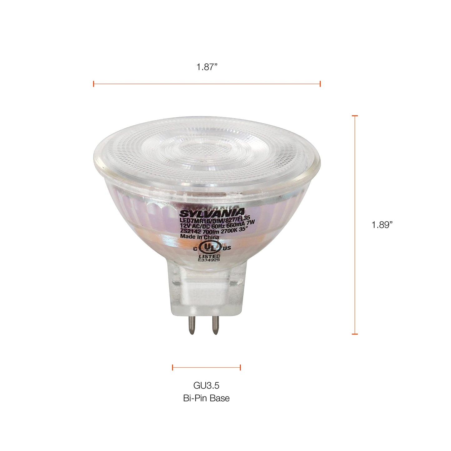Sylvania LED Flood MR16 Light Bulb, 50W Equivalent, 7W Efficient, GU5.3 Bi-Pin Base, 25 Degree Angle, Dimmable, 3000K, Bright White - 1 Pack (41378)