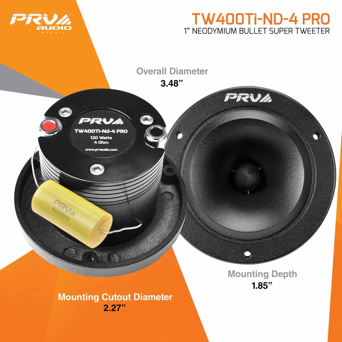 PRV AUDIO Bullet Super Tweeters Neodymium 240 Watts RMS 4 Ohm, 3.50 Inch PRV Black TW400Ti-Nd-4 PRO, Easy to Mount - High Output (2 Tweeters, Pair)