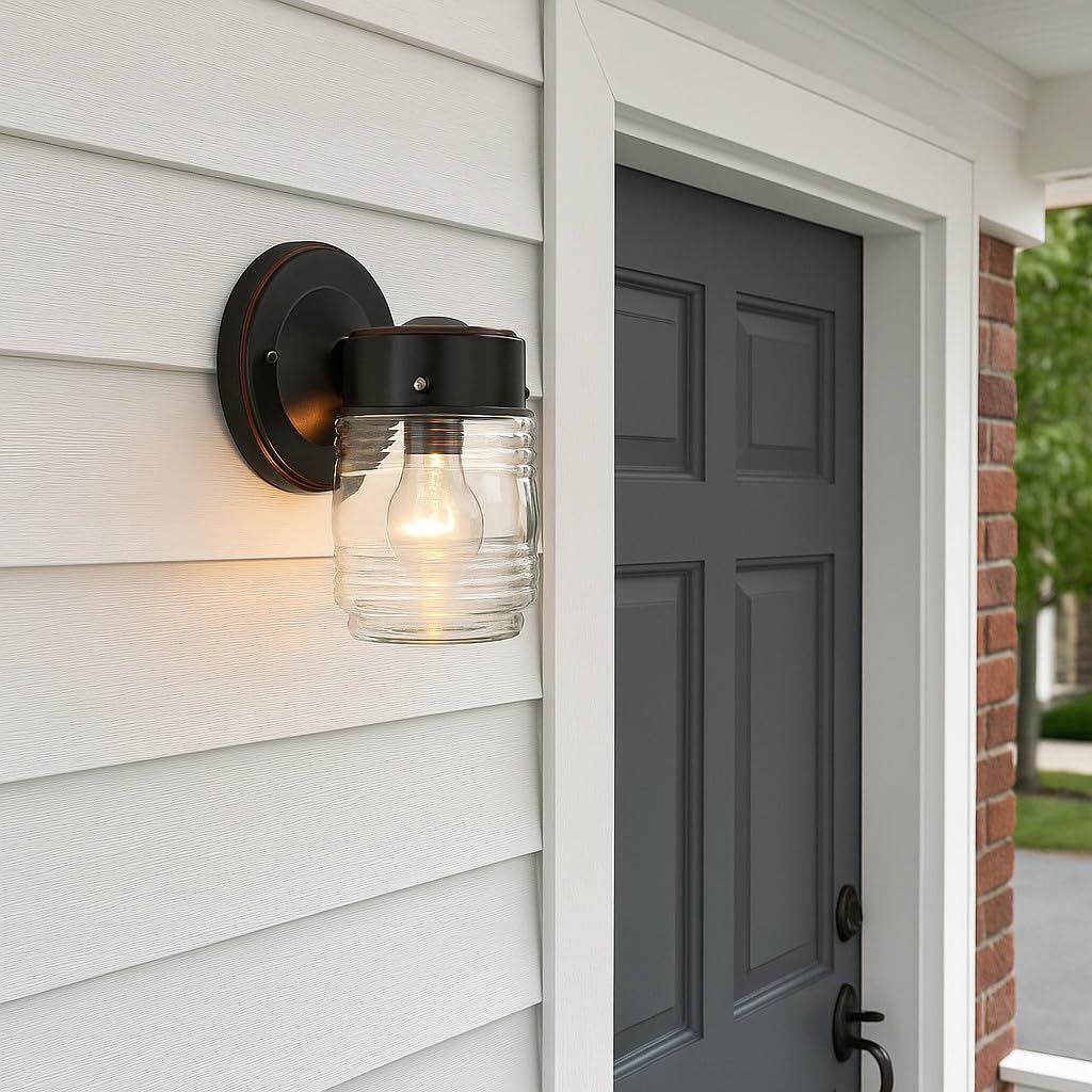 Design House Jelly Jar 1 Light Wall Light, Oil Rubbed Bronze, Outdoor Downlight, Clear Glass, Wet Rated, 7.5 in H x 4.5 in L x 5.25 in W, 60W Medium